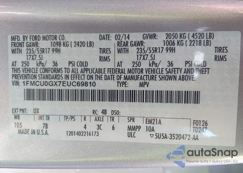 2014 Ford Escape Se из США, поврежденный, VIN 1FMCU0GX7EUC69810